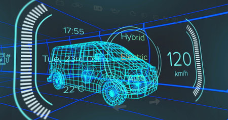 Displaying neon blue wireframe van rotating in design interface, with gauge arcs and speed readout. Futuristic, digital, technology, visualization, 3d, interface, innovationの写真素材