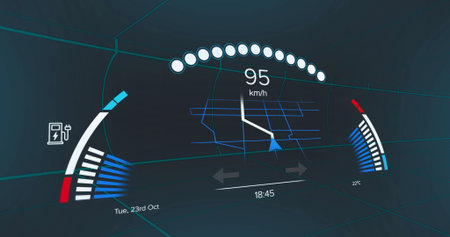 HUD projecting in cockpit, with tachometer speed, navigation lane guidance, gauges and time-date. Futuristic, technology, digital, interface, dashboard, virtual, high-techの写真素材