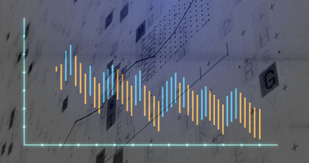 Displaying bar and line chart on analytics dashboard, with bars, turquoise line and axis ticks. Data, visualization, infographic, dashboard, analytics, graphics, interfaceの写真素材