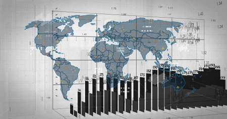 Displaying 3D chart overlaying world map with bar charts on perspective grid, showing data icons. Infographic, analytics, futuristic, technology, data-driven, digital, visualizationの写真素材