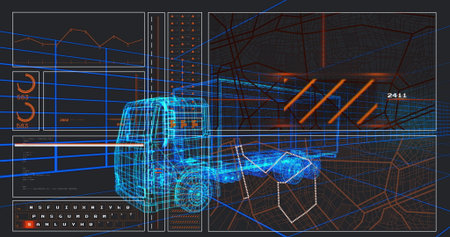 Displaying neon-blue truck wireframe on digital interface, with chart, gauges and road map....