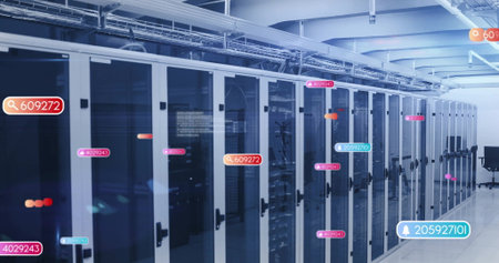Revealing server cabinets containing network hardware in data center, with floating overlays....