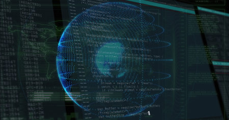 3D wireframe globe with orbital rings rotating on console, JS snippets, terminal logs, map outline....