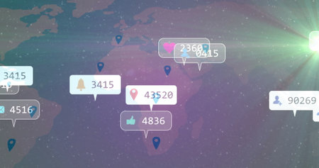 Floating icons showing counts on bell, pin, like, heart, envelope, user over digital world map. Futuristic, innovation, digital interface, global connectivity, spatial visualization, technology, data analyticsの写真素材
