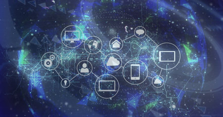 Floating interconnected icons in abstract digital network, with monitor and cloud. Technology,...