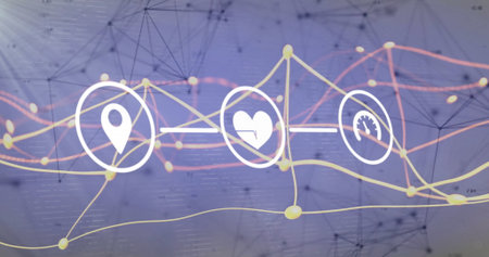 Location pin, heart and gauge icons hovering on purple gradient, with nodes and orange wavy lines. Technology, connectivity, data, cybersecurity, innovation, digital, analyticsの写真素材