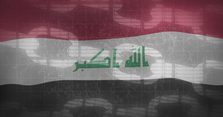Displaying Iraqi flag with Kufic script in digital backdrop featuring code and circuit lines. Patriotism, technology, digitalart, graphicdesign, networking, cyberculture, modernismの写真素材