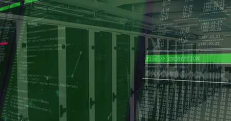 Server racks showing code overlay and waveform in data center, hex dump, File ENCRYPTION banner....