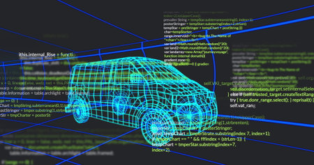 Presenting 3D turquoise van model rotating in virtual interface, with neon blue grid and code. Wireframe, digital, futuristic, technology, engineering, cad, visualizationの写真素材