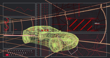 Overlaying neon green wireframe car model over HUD interface, with line charts and numeric readouts. Futuristic, technology, automotive, digital, dashboard, data visualization, innovationの写真素材