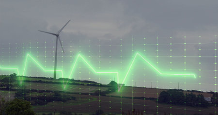 Spinning wind turbine amid patchwork fields and hedgerows under neon green grid waveform overlay....