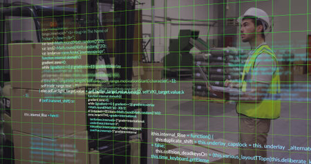 Warehouse worker wearing vest using tablet in warehouse, with code overlay, copy space. Industrial, logistics, technology, safety, automation, efficiency, infrastructureの写真素材
