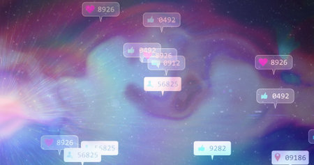 Floating follower count bubble showing 56825 in cosmic backdrop with notification bubbles. Digital,...