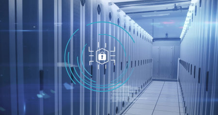 Digital lock icon hovering in data center corridor, with server cabinets, LEDs, cable trays....