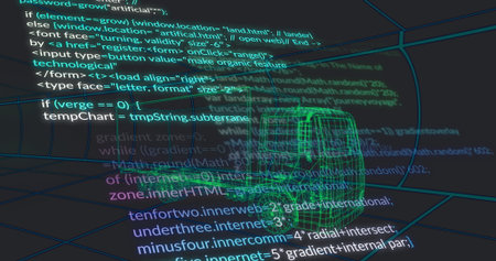 Displaying green wireframe van model floating in simulated 3D wireframe grid, with code snippets. Futuristic, technology, digital, cyberspace, virtualreality, conceptual, engineeringの写真素材