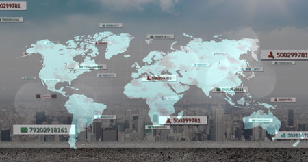 Displaying pale blue world map overlay floating over gravel rooftop and skyline, with data tags....