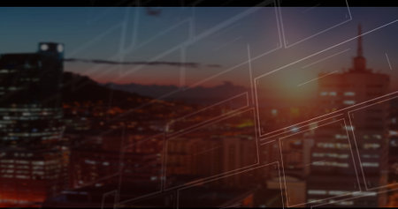 Displaying skyline at dusk with lit skyscrapers, sun, mountain outline, overlaying geometric lines. Urban, architecture, modern, abstract, futuristic, skyline, cityscapeの写真素材