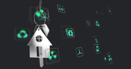 Hanging house-shaped keychain and silver keys on digital backdrop with neon green icons, copy space....