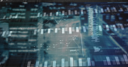 Showing financial dashboard in trading interface, with numeric labels, bar charts and trend lines. Data visualization, analytics, technology, business intelligence, data analysis, digital interface, information graphicsの写真素材