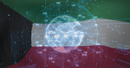 Displaying Kuwaiti flag in cyberspace featuring holographic globe with floating code, network nodes. Futuristic, digital, interconnected, global, high-tech, cyberspace, abstractの写真素材
