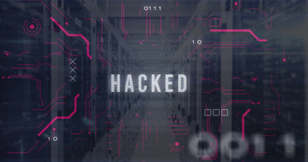 Displaying glowing HACKED text over data center corridor, with server racks and binary digits....