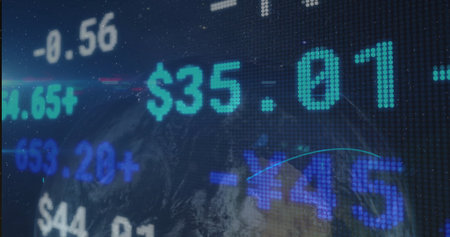 Flashing green dot-matrix ticker displaying stock values on trading board, with globe overlay. Finance, trading, digital, economic, technology, investment, dataの写真素材