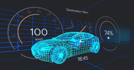 Floating cyan wireframe car gliding through blue grid tunnel, with speedometer and battery gauges. Futuristic, digital, vehicle, hud, simulation, technology, navigationの写真素材