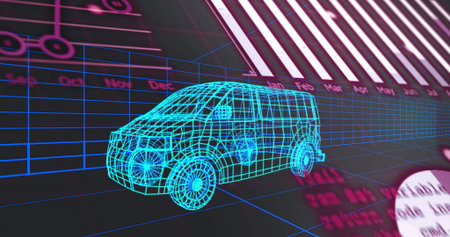 Floating blue wireframe van hovering above grid plane with month labels, barcode stripes and charts. Futuristic, technology, data visualization, digital, abstract, 3d, modernの写真素材