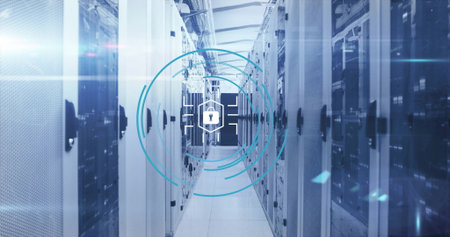 Radiating digital padlock icon glowing over data center corridor, with server racks, cable trays....