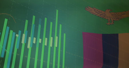 Showing vertical bar chart on dashboard with grid lines, multicolor flag stripes, eagle emblem. Analytics, data visualization, corporate, modern, technology, growth, innovationの写真素材