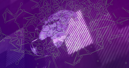 Visualizing brain mesh rotating on purple background with network nodes and diagonal light stripes. Futuristic, digital, technology, innovation, cyberspace, neural, abstractの写真素材