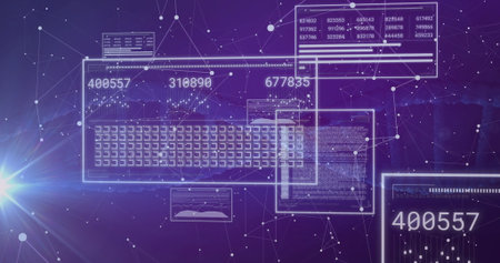 Displaying translucent panels in purple network, showing numeric readouts, code blocks and nodes. Futuristic, digital, interface, technology, abstract, network, high-techの写真素材