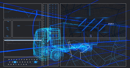 Displaying futuristic dashboard showing 3D wireframe truck model on spatial grid, with data panels. Technology, analytics, visualization, simulation, logistics, interface, innovationの写真素材