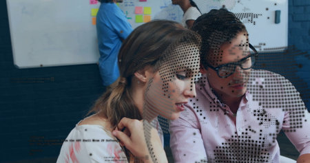 Leaning coworkers examining laptop with whiteboard sticky notes in meeting with tech overlay. Collaboration, brainstorming, innovation, teamwork, modern, digital, planningの写真素材