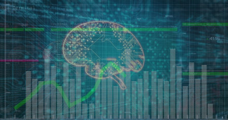 Showing brain circuit diagram, bars, green line on teal grid, with code overlays, numeric readouts. Artificial intelligence, data visualization, neural network, digital interface, analytics, technology, machine learningの写真素材