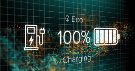 Showing eco charging display with leaf, pump, battery icons, Eco 100% Charging on dark teal grid. Sustainability, technology, innovation, digital, energy, eco-friendly, futuristicの写真素材