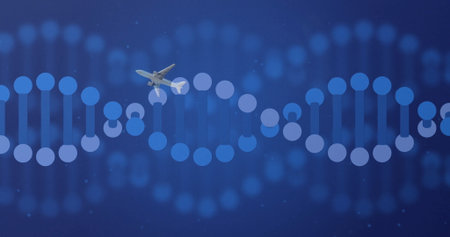 Flying passenger airplane crossing blue background with stylized DNA helix and luminous specks. Futuristic, technology, innovation, science, aerospace, digital art, abstractの写真素材