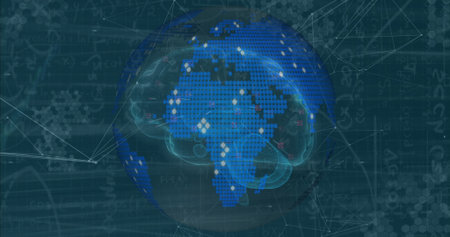 Displaying globe featuring neural network brain in digital interface, with network nodes and grid....