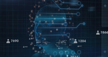 Emerging wireframe human head on blue grid interface, with user silhouette icons and circuit lines....