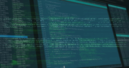 Displaying multi-monitor code with terminal and editor panels at workstation, with digital overlay. Technology, cybersecurity, programming, futuristic, digital, innovation, software developmentの写真素材