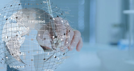 Researcher in white lab coat touching 3D holographic globe in high-tech lab, with data overlays. Innovation, science, technology, futurism, digital, analytics, visualizationの写真素材