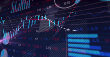 Trading terminal screen displaying market data with candlestick, bar and line graphs, numbers....