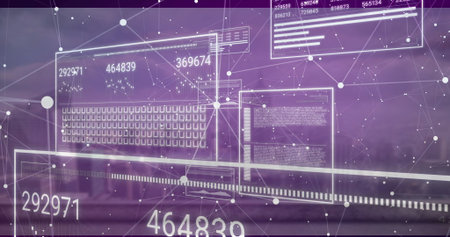 Displaying abstract data interface floating in virtual environment, with UI panels and node network. Technology, innovation, analytics, futuristic, digital, interface, networkの写真素材