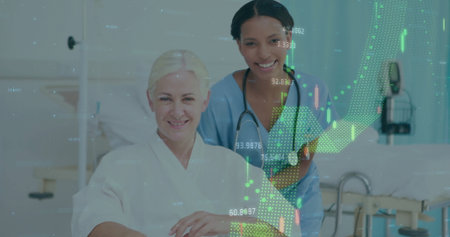 Smiling nurse in scrubs with stethoscope checking gown-clad patient in recovery room, with IV pump....
