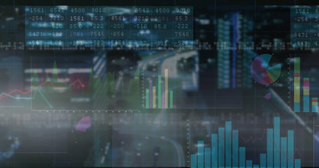 Displaying interactive dashboard grid over nighttime roadway, with numeric tables and charts. Data...