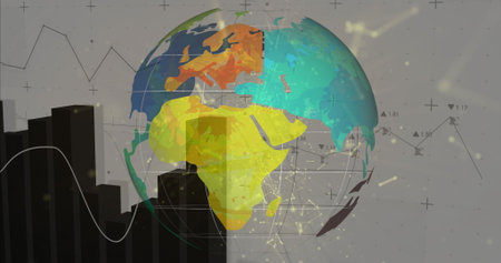 Displaying stylized 3D globe rotating in virtual data interface, with bar and line charts and nodes....