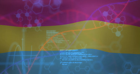 Showing red-orange DNA helix on digital background, with white code blocks and molecular hexagons. Digital art, scientific illustration, biotechnology, futuristic, innovation, molecular design, conceptualの写真素材