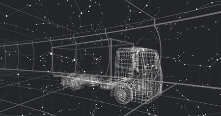 Displaying 3D wireframe semi-trailer truck floating in virtual space, with grid and node network. Technology, logistics, digital visualization, transportation, engineering, innovation, connectivityの写真素材