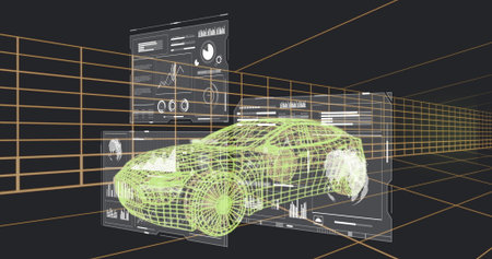 Displaying green wireframe car model hovering in 3D design lab, floating data panels, orange grid. Futuristic, technology, visualization, infographics, digital, innovation, architectureの写真素材