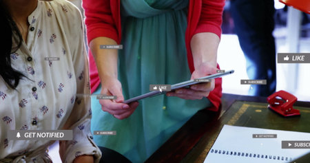 Presenting social media metrics woman in teal dress holding tablet at office, with digital icons....